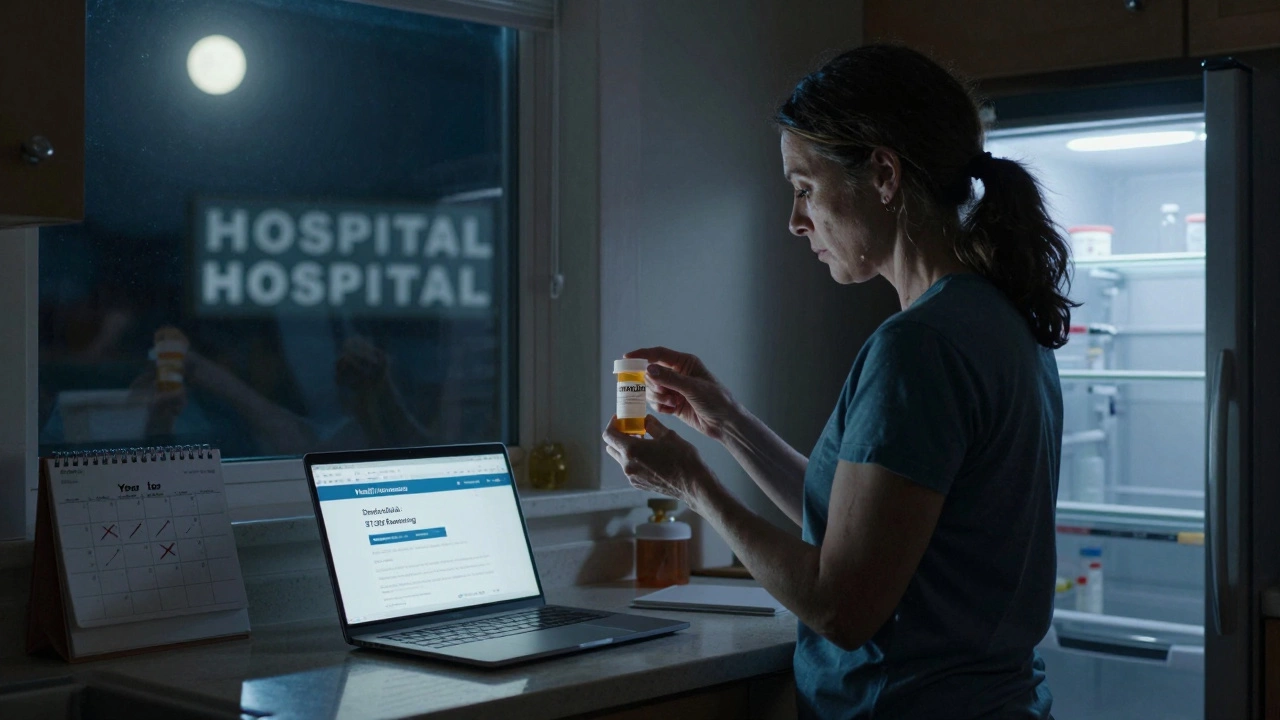 A woman in her kitchen holding insulin, reflecting a hospital sign and high deductible notice.