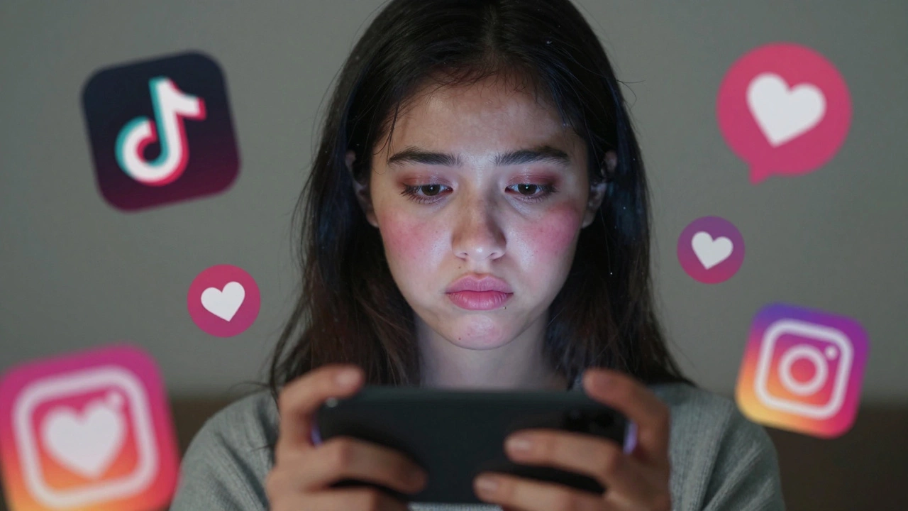 A young woman with exaggerated filler results staring at her phone, her real face shadowed and distant.