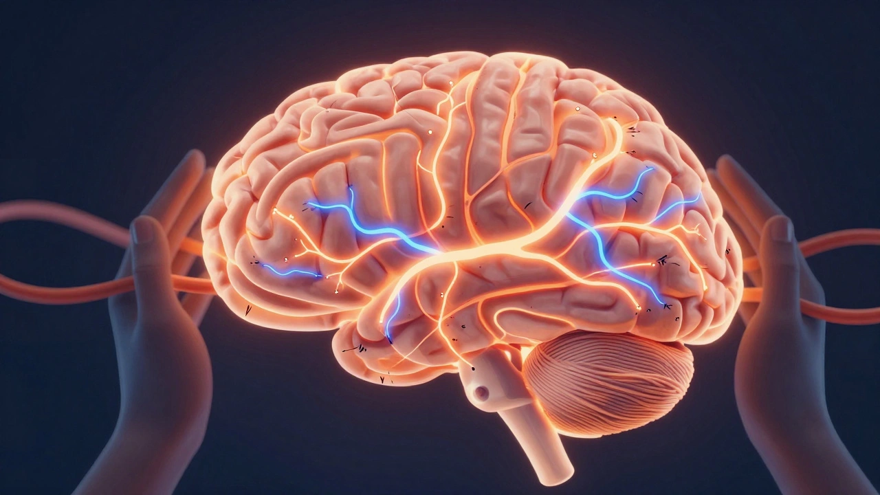 Abstract neural pathway glowing with warm and cool tones, symbolizing brain retraining for pain relief.