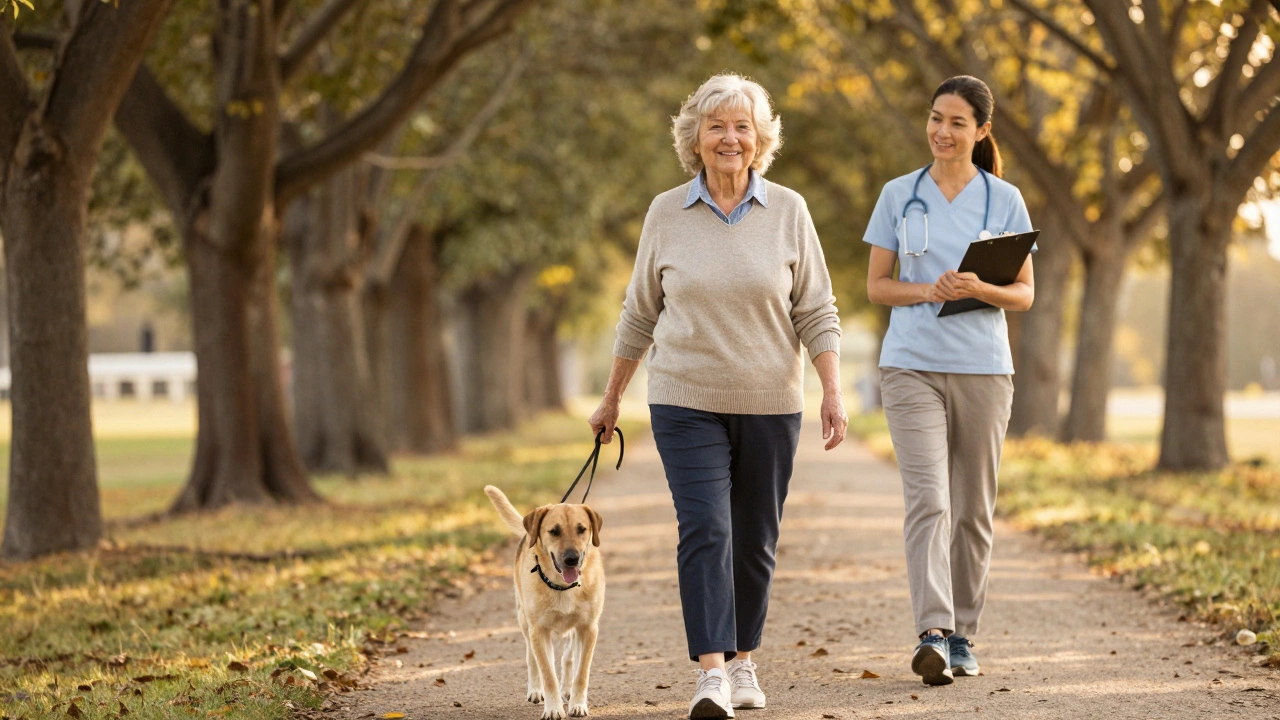 An elderly woman walking confidently with her dog, enjoying regained mobility after physiotherapy.
