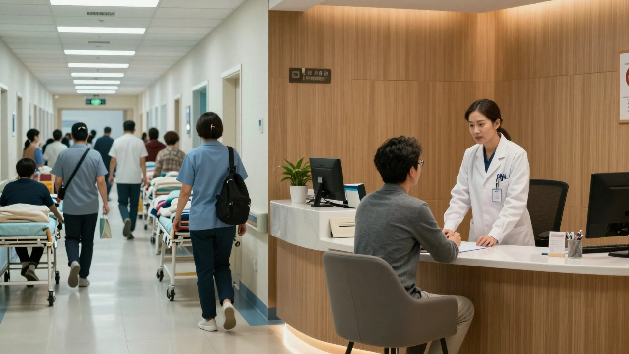 Contrast between crowded public hospital corridor and calm private clinic consultation.
