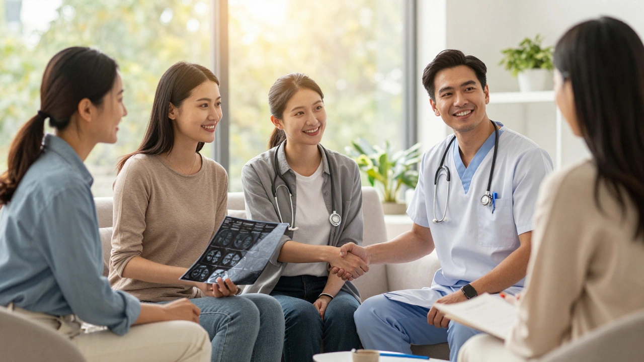 Diverse patients receiving personalized care in a warm, welcoming private healthcare setting.