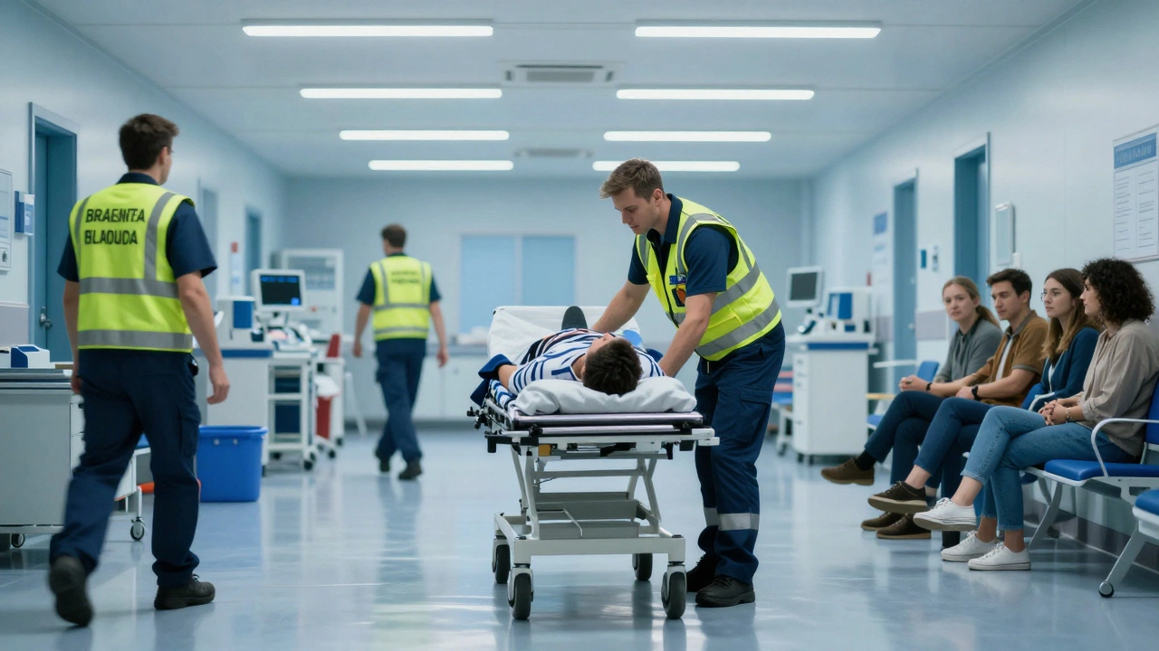 Emergency medical team assisting a patient in a brightly lit A&amp;E department at night.