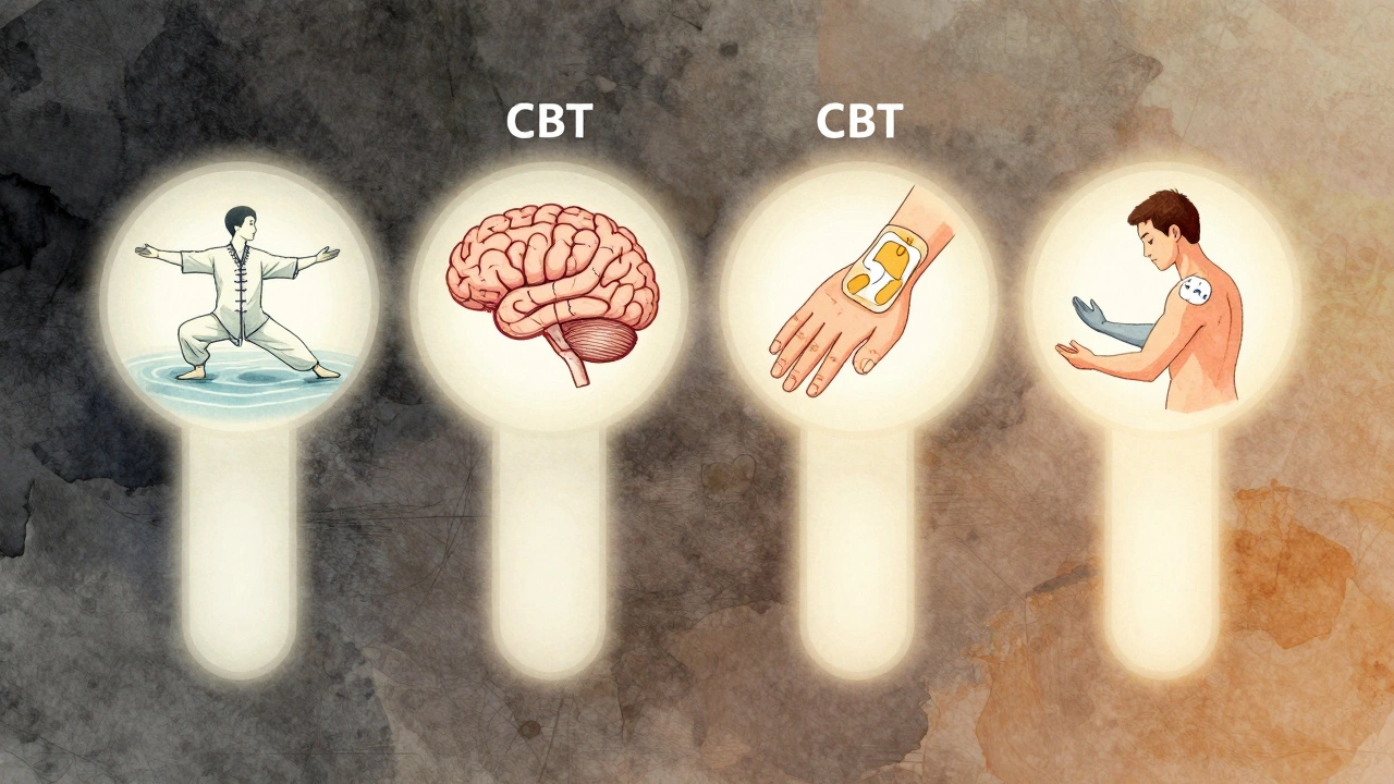 Four glowing pillars representing exercise, therapy, medication, and neuroscience in pain management.