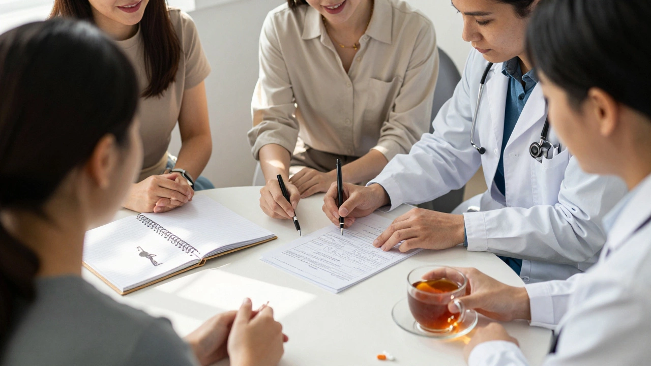 Multidisciplinary team reviewing a patient’s care plan in a bright clinic room.