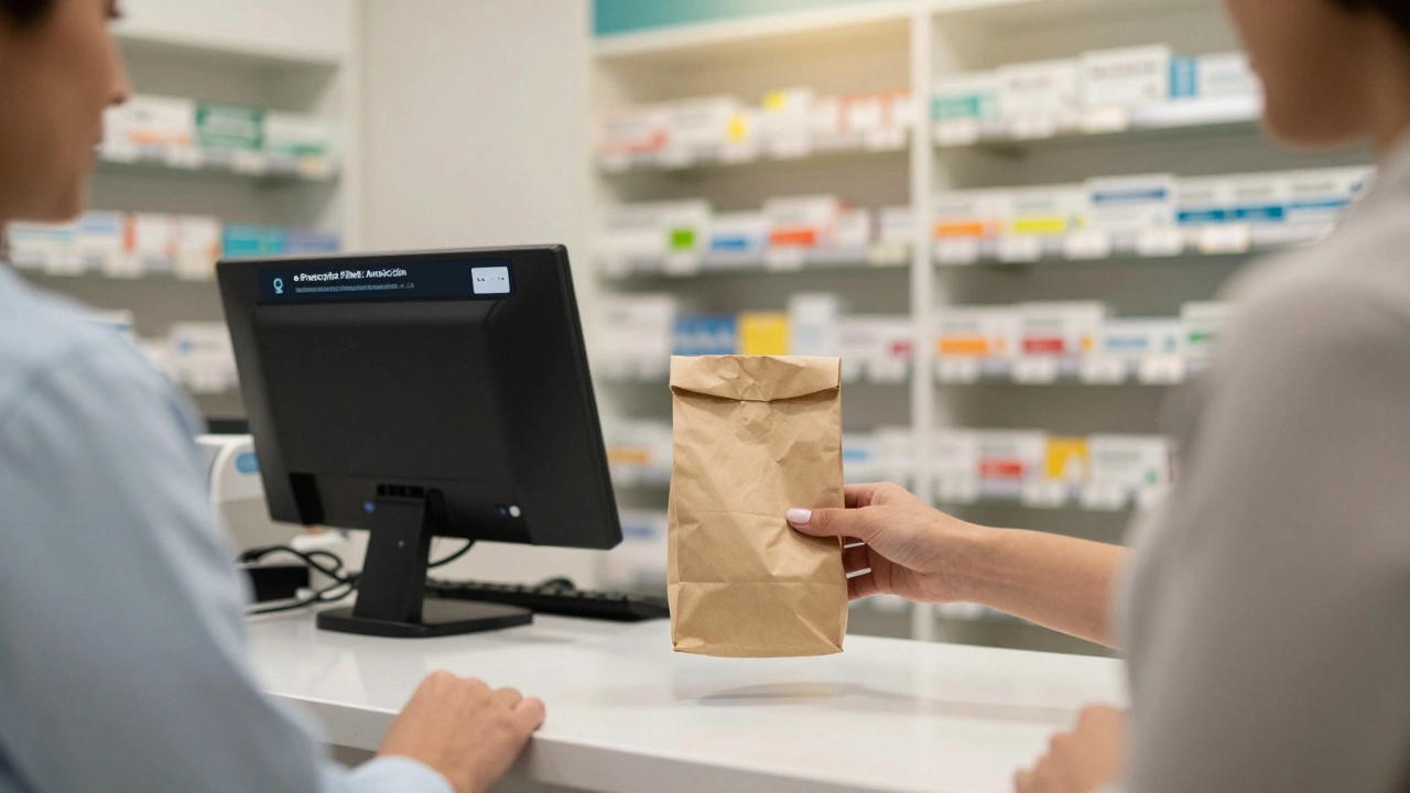 Pharmacist handing medication to customer in New Zealand pharmacy