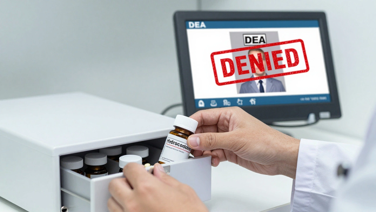 Pharmacist locking hydrocodone in a secure drawer with DEA Schedule II warning on screen.