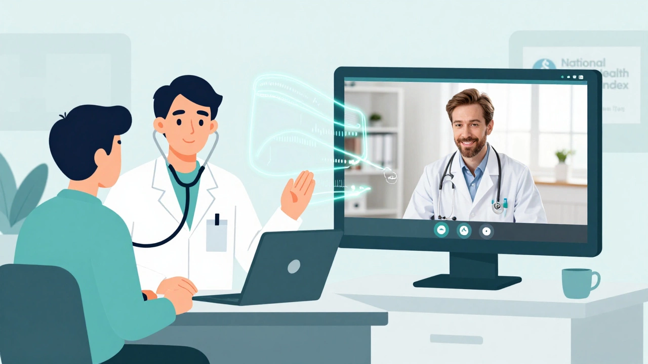 Split-screen comparing in-person and virtual doctor consultations