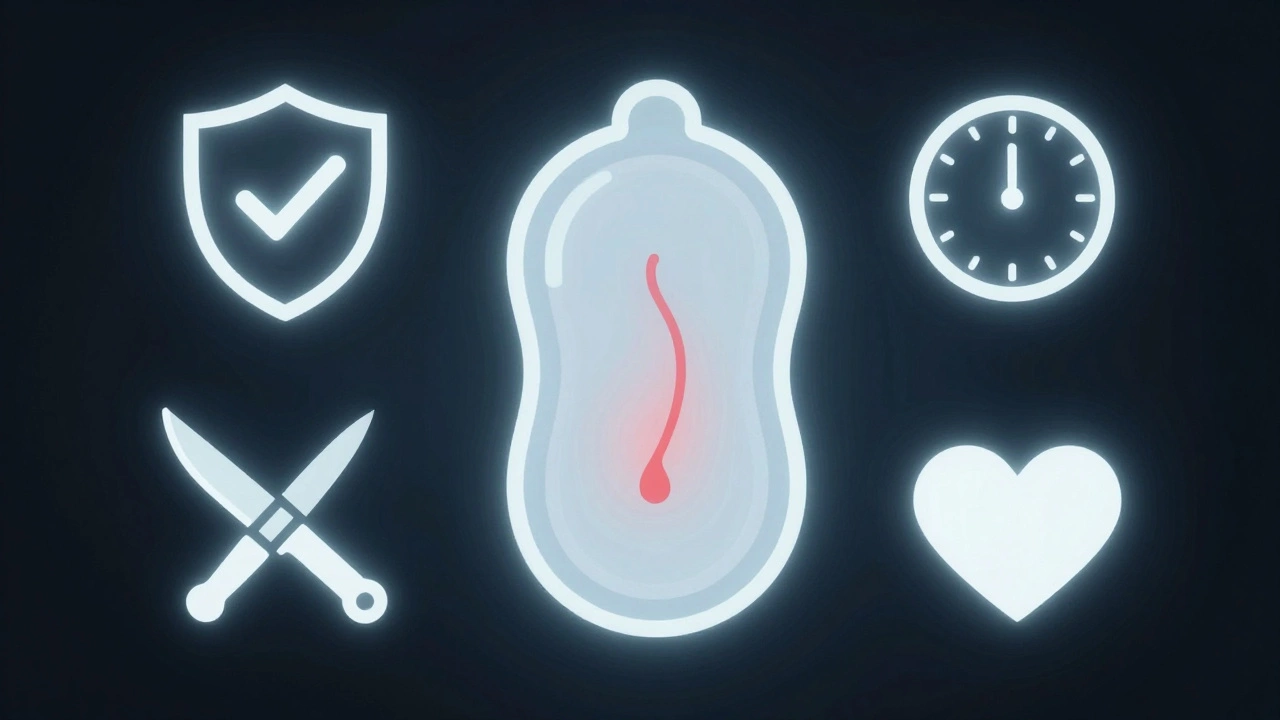 A glowing vasectomy incision surrounded by symbols of safety: a shield, checkmark, clock, and heart, against a dark background.