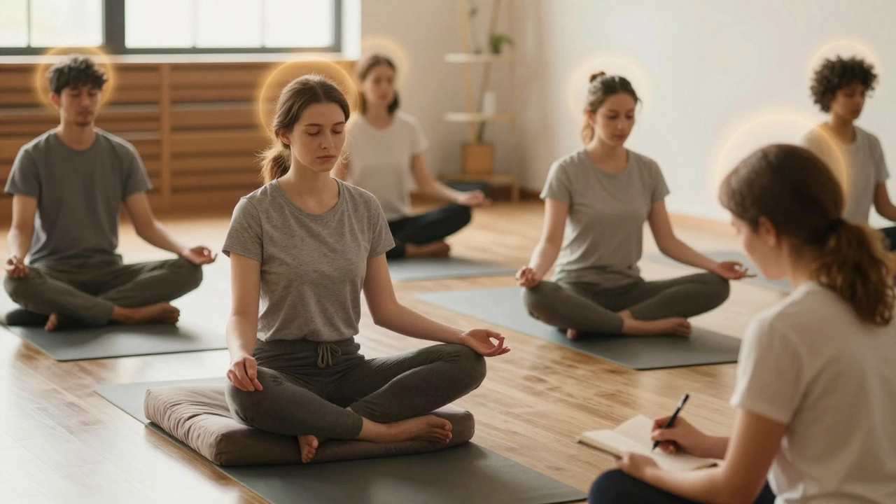 A group of people engaging in gentle therapies like meditation and stretching, representing holistic approaches to managing chronic pain.