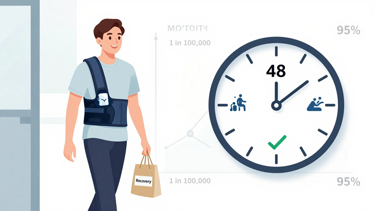 A man walking out of a clinic after vasectomy, with a 48-hour recovery timeline showing light activity and satisfaction.