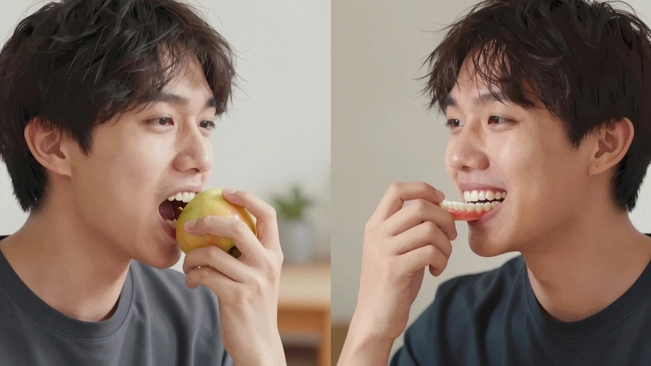 A person before and after receiving NHS dentures, shown eating an apple with improved comfort and confidence.