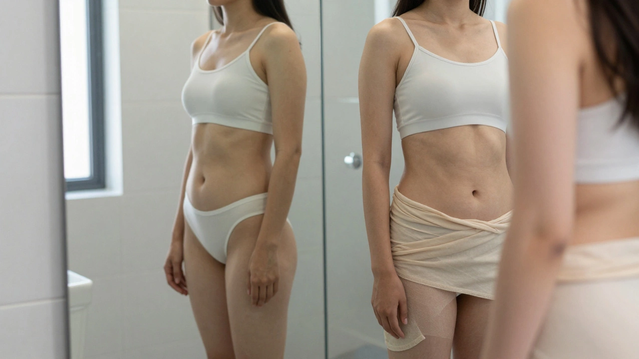 A person viewing two versions of themselves in a mirror—one with loose skin, one with a tightened abdomen—after body contouring.