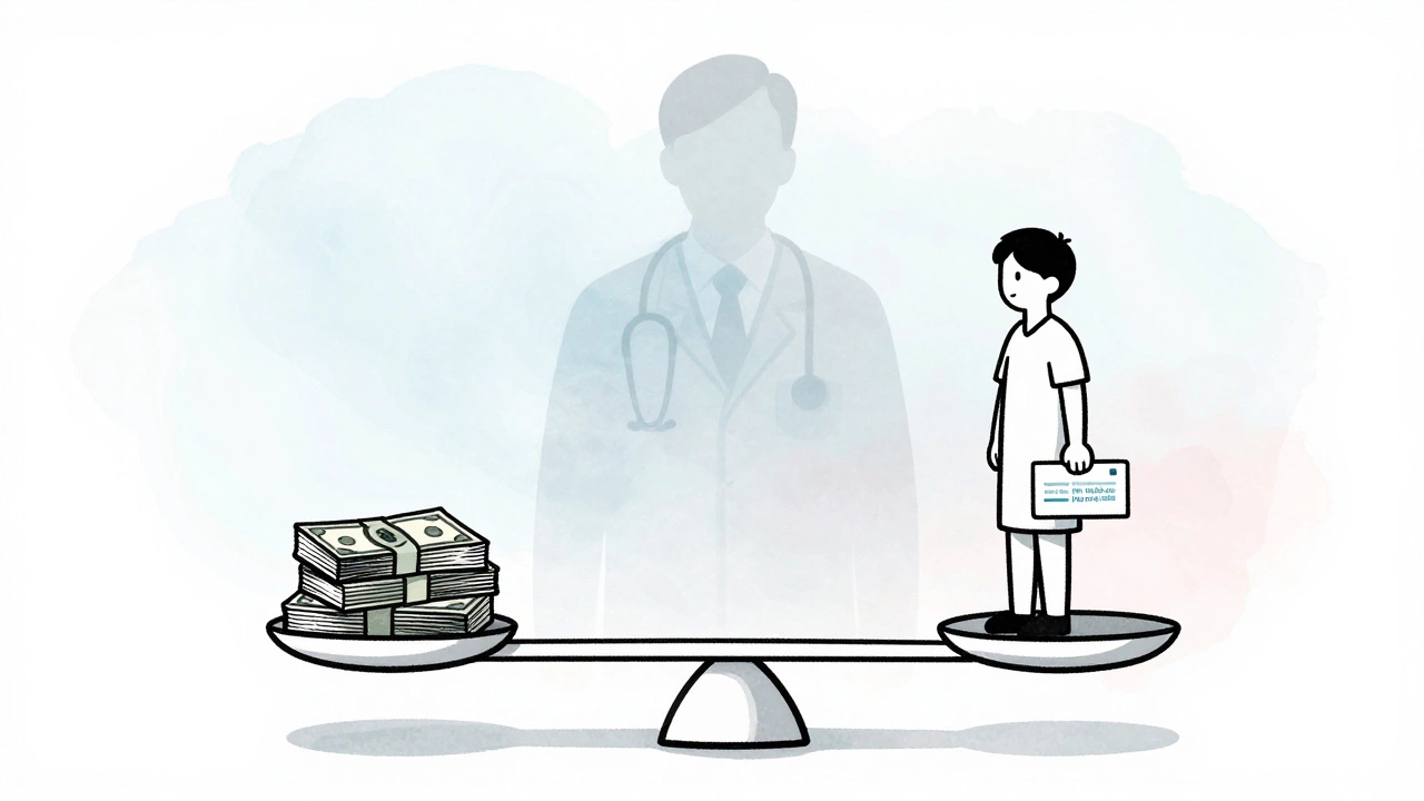 A symbolic scale balancing rent and groceries against a tiny health insurance card.