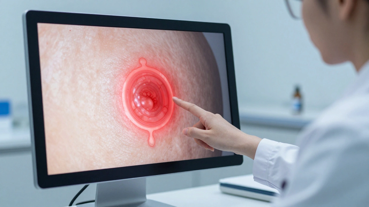 Dermatologist analyzing AI-highlighted skin lesion during virtual diagnosis