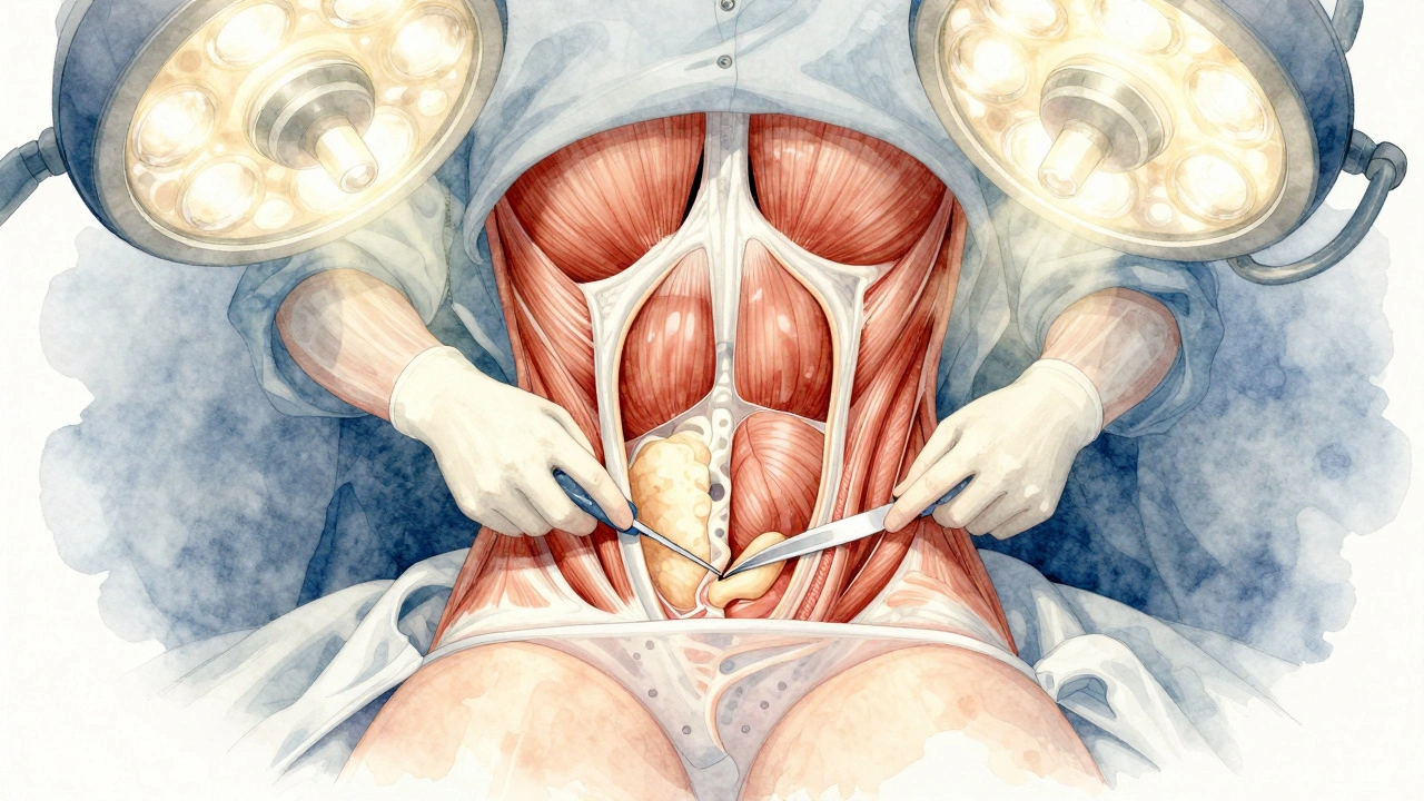Detailed medical illustration showing abdominal muscle repair and skin removal during a tummy tuck procedure.