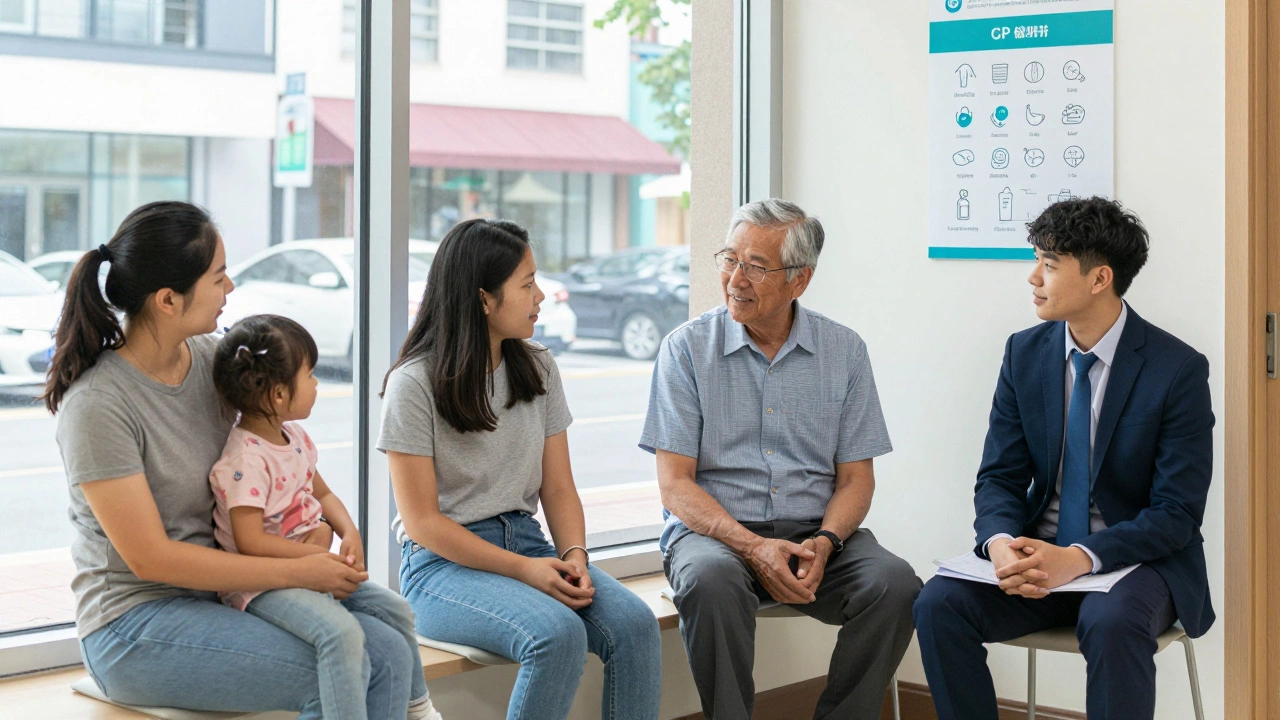 Diverse patients waiting in a community clinic hallway with health icons on the wall.