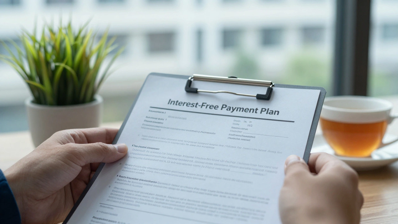 Hands holding interest-free medical payment plan form beside a cup of tea