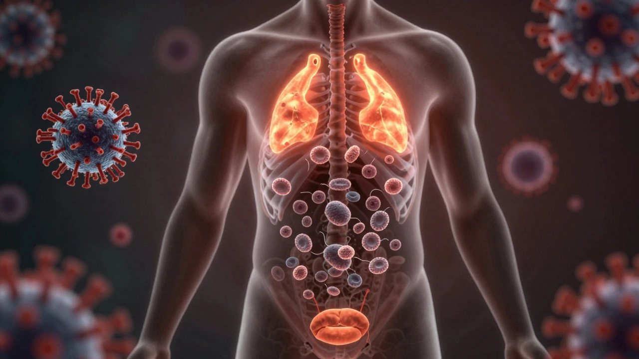 Human body with glowing infection sites and immune cells fighting bacteria.