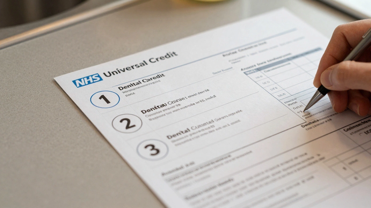 NHS dental charge bands and an HC1 form on a counter, with a hand preparing to fill out the application.