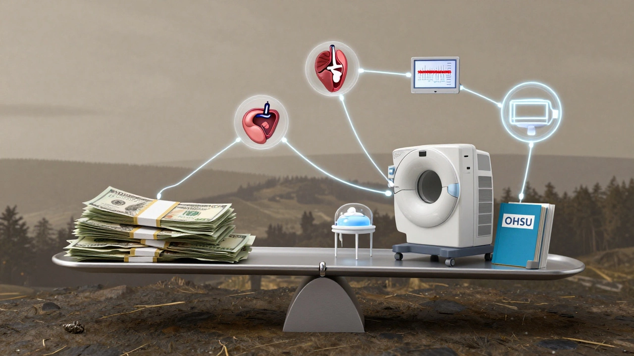 Symbolic scale balancing medical costs against life-saving technologies and care.