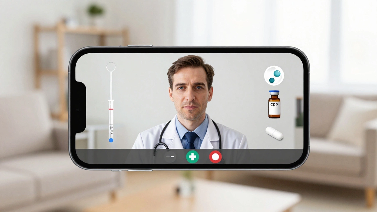 Telehealth consultation with medical tests displayed, indicating quick bacterial diagnosis.