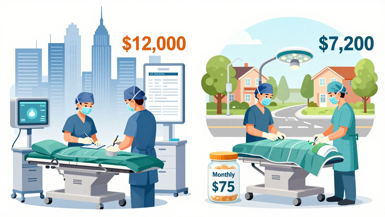 Two private clinics side by side with contrasting prices, one showing a patient signing a payment plan.