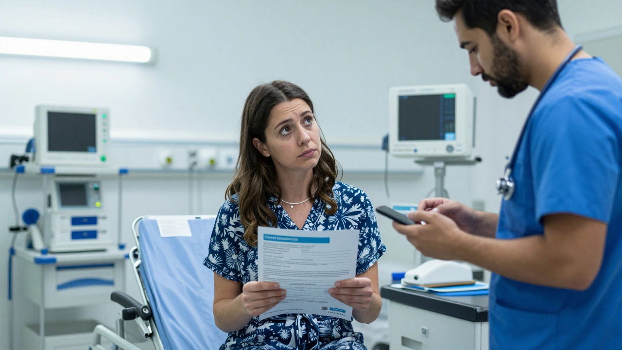 A British tourist in a foreign hospital emergency room, holding travel insurance documents while staff make a call.
