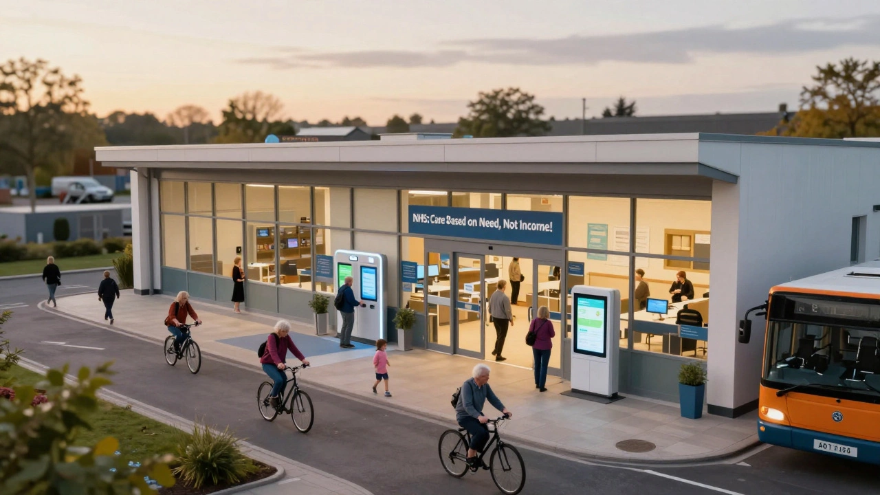 A community health center at dawn with people arriving from all walks of life, symbolizing universal access to care.