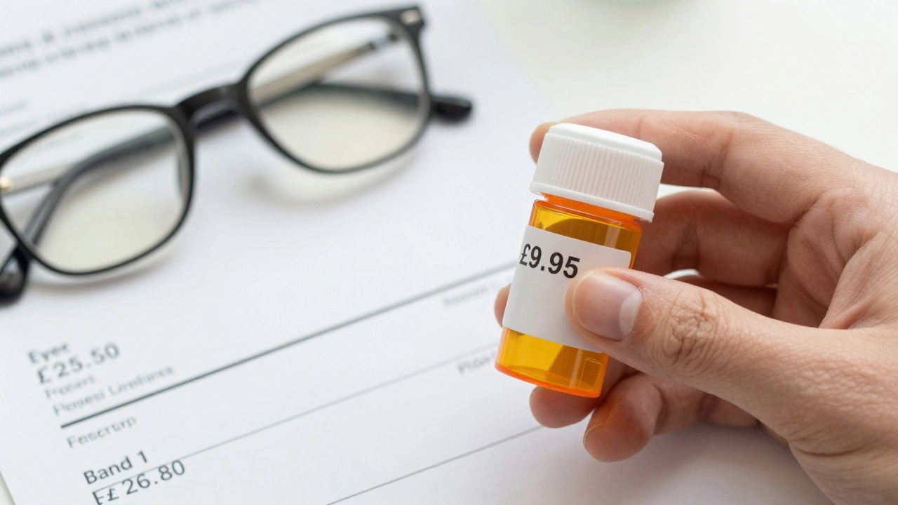 A prescription bottle, eye test receipt, and dental chart with UK healthcare fees clearly shown.