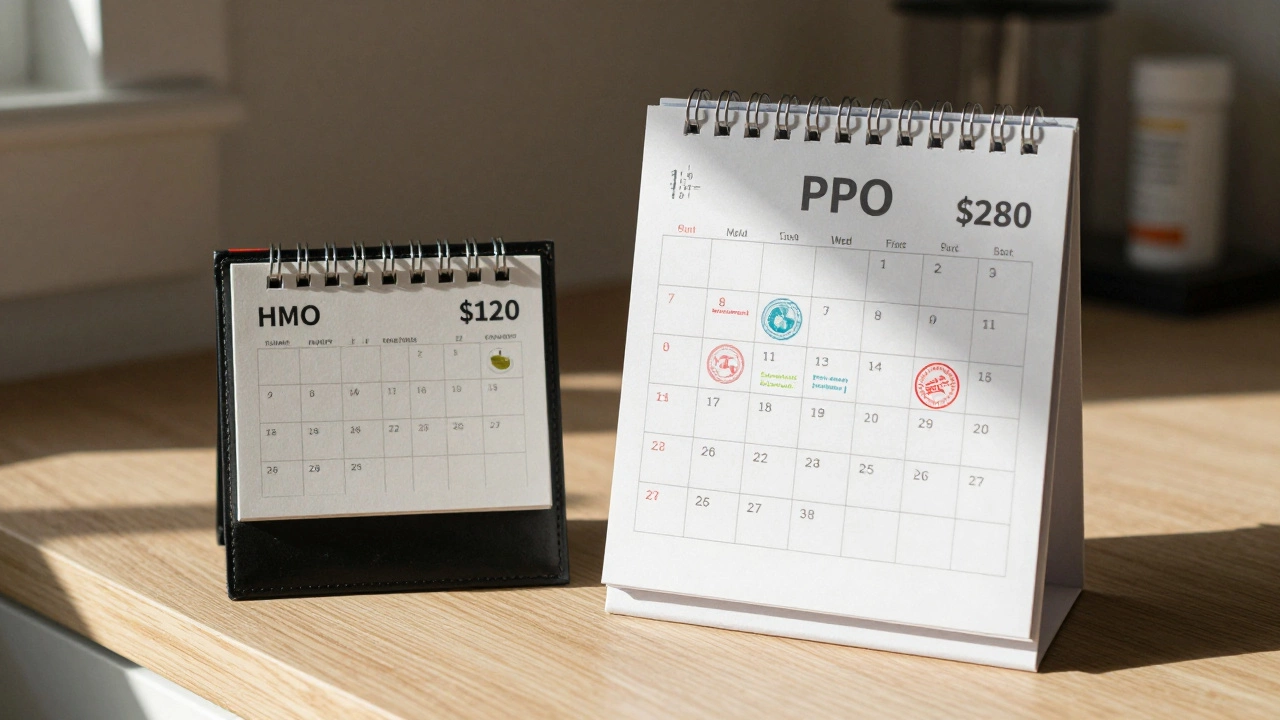 A wallet and calendar showing lower HMO costs versus higher PPO costs with more appointments.