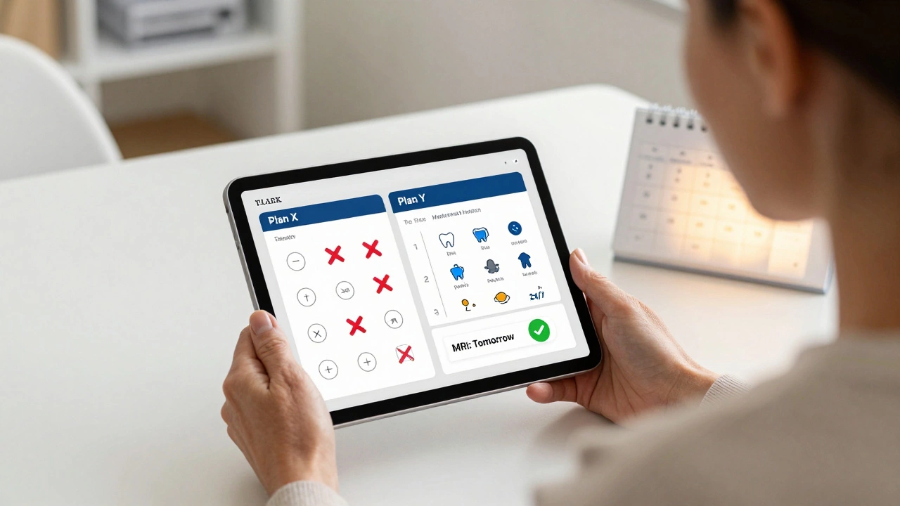 A woman comparing health insurance plans on a tablet, highlighting coverage differences.