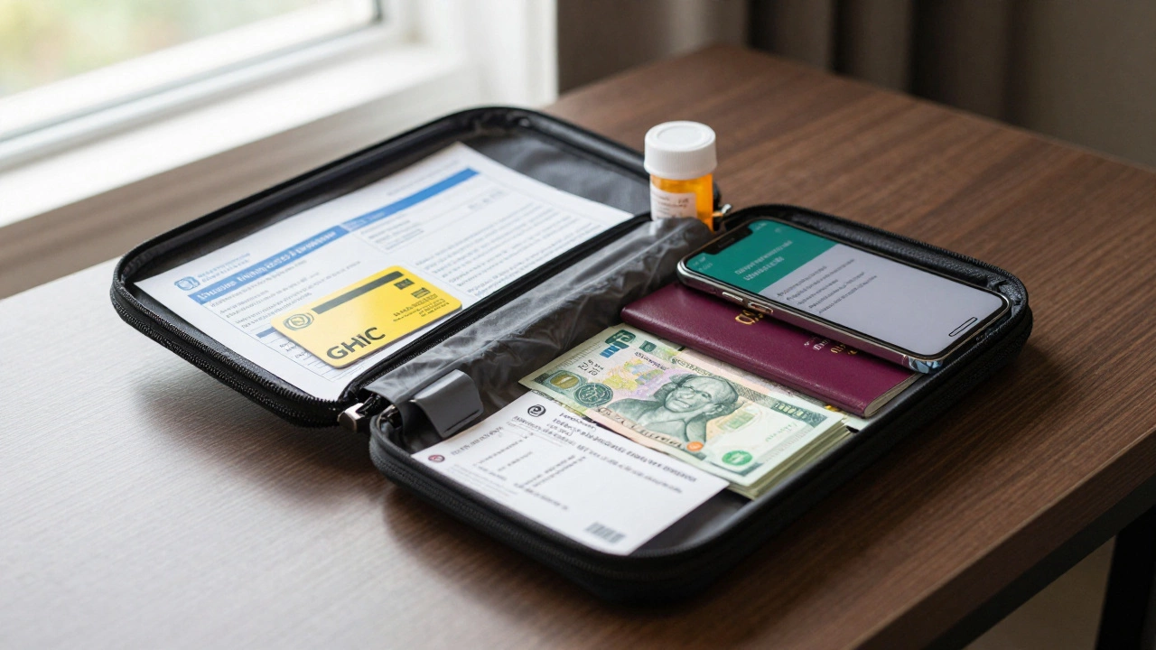 An organized travel emergency kit on a desk with GHIC card, insurance papers, medications, and passport.