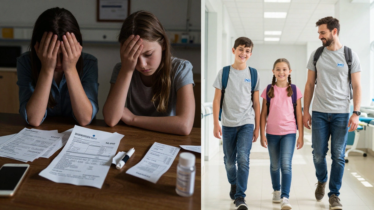 Contrast between a stressed American family with medical bills and a British family walking out of a clinic without any paperwork.