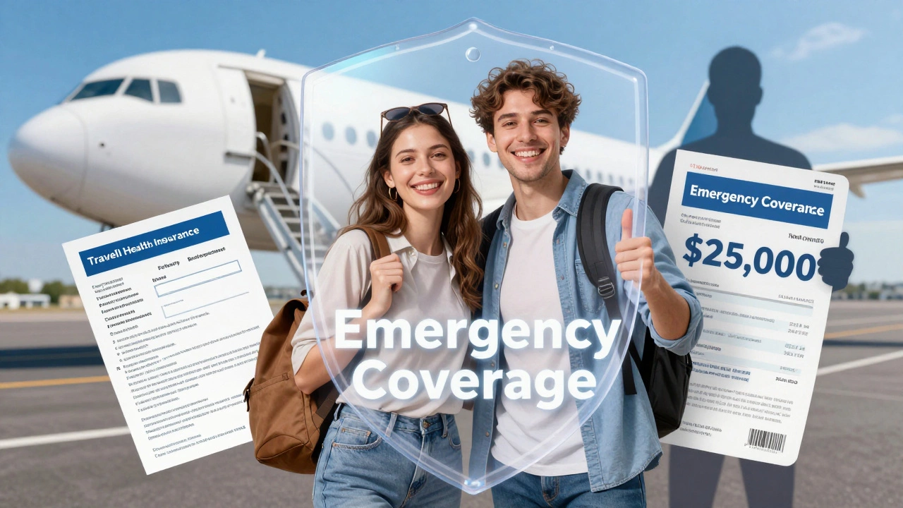 Couple boarding a plane to Europe with glowing travel insurance documents, protected by a shield, while a massive medical bill looms behind.