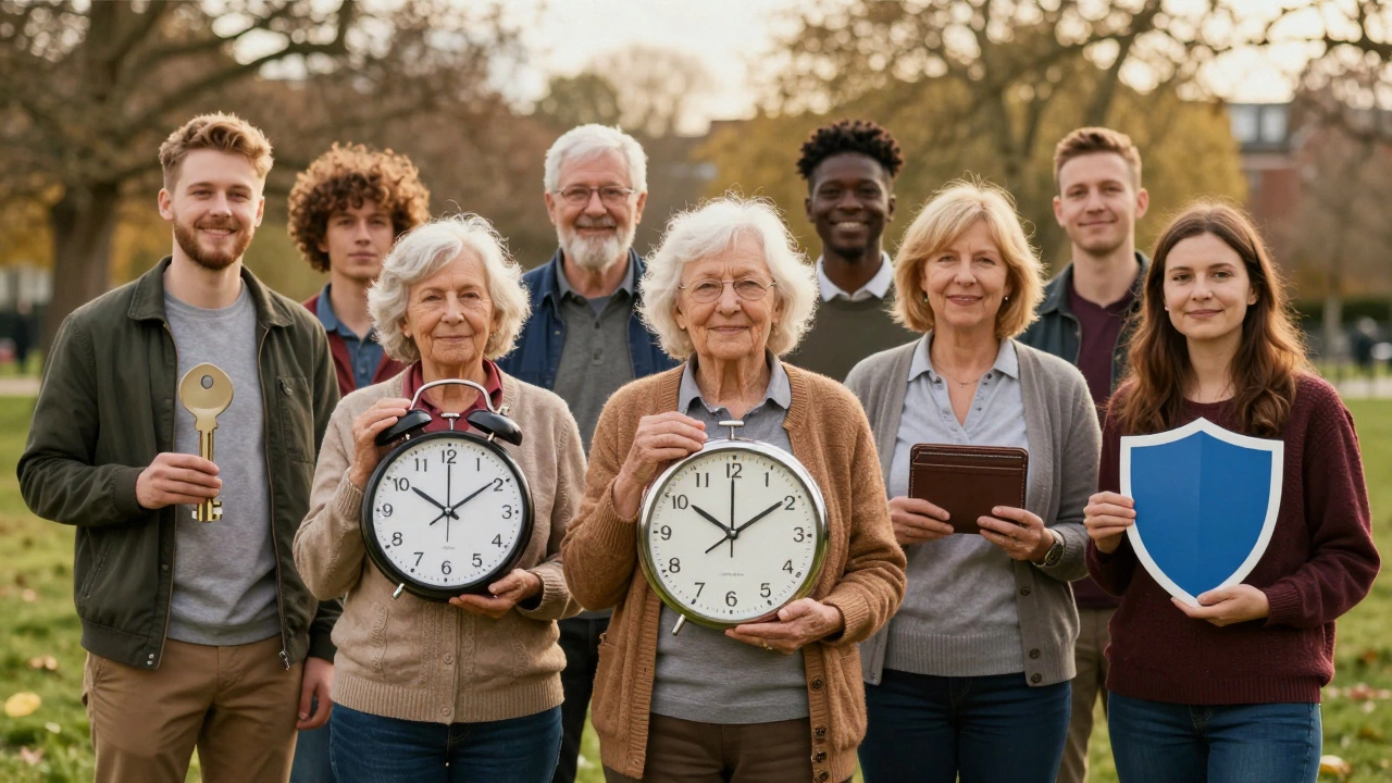 Diverse UK residents holding symbols representing NHS access, waiting times, costs, and private insurance.