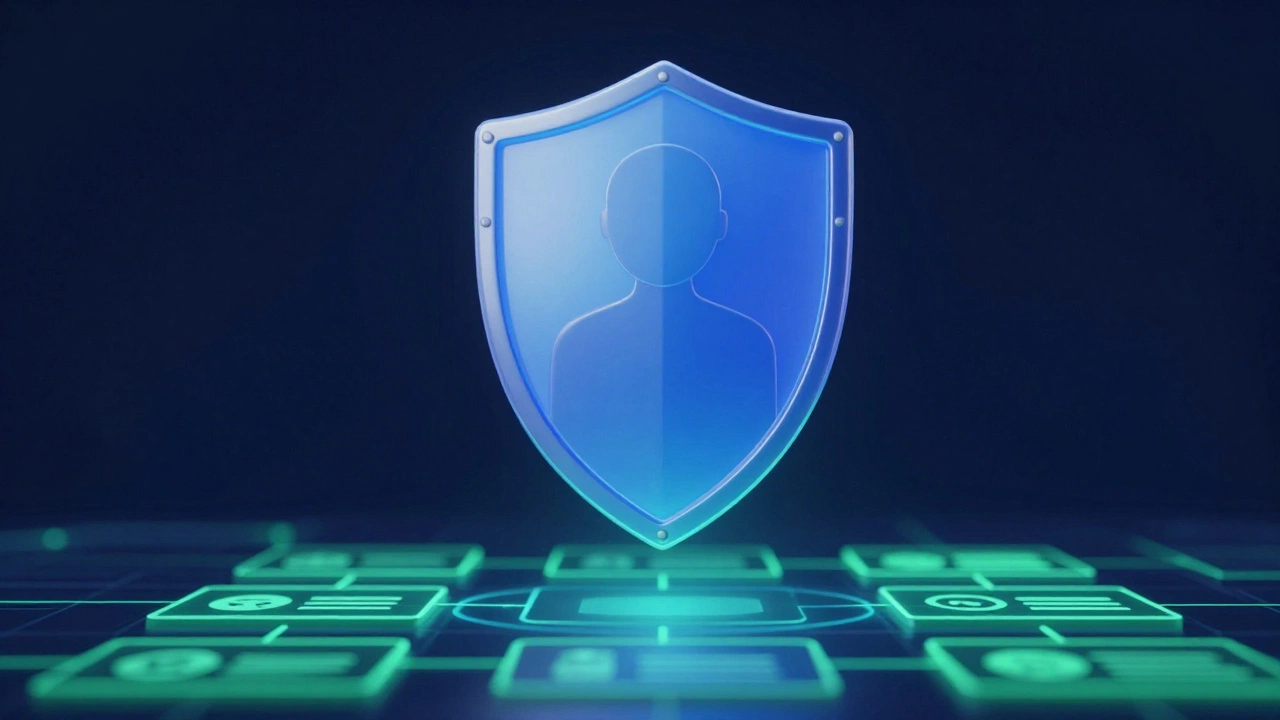 Glowing blue shield protecting stylized human figure for security.