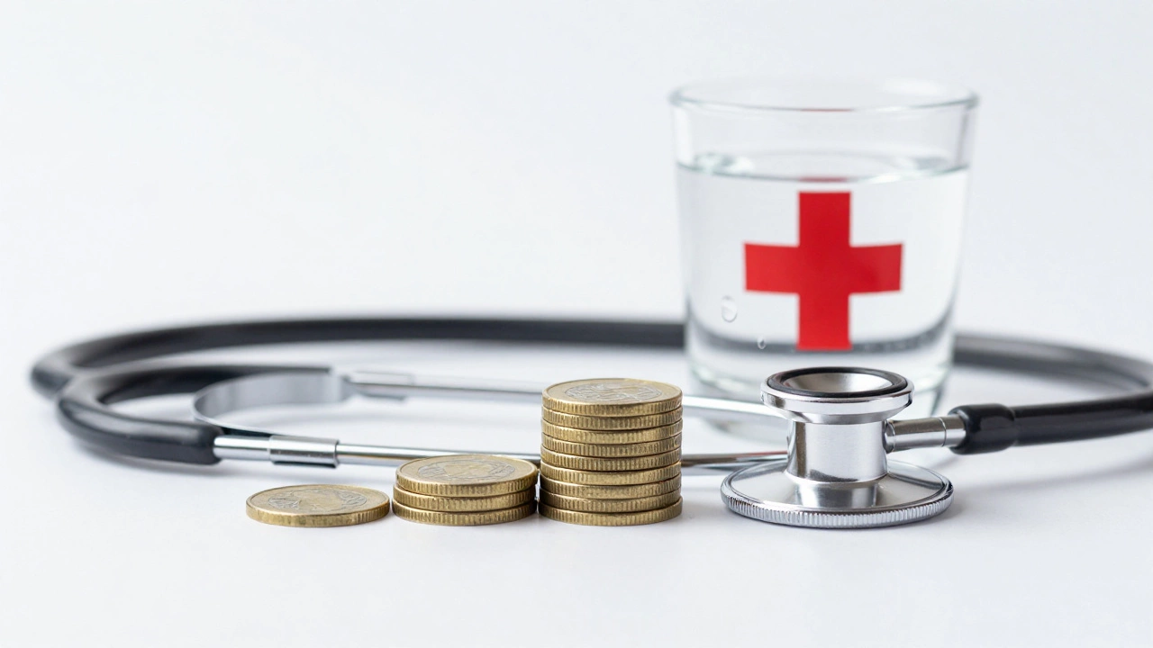 Gold coins arranged near medical stethoscope representing affordable care.