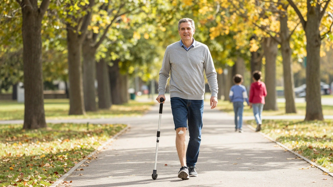 Man walking confidently in a park, free from hip pain after replacement surgery.
