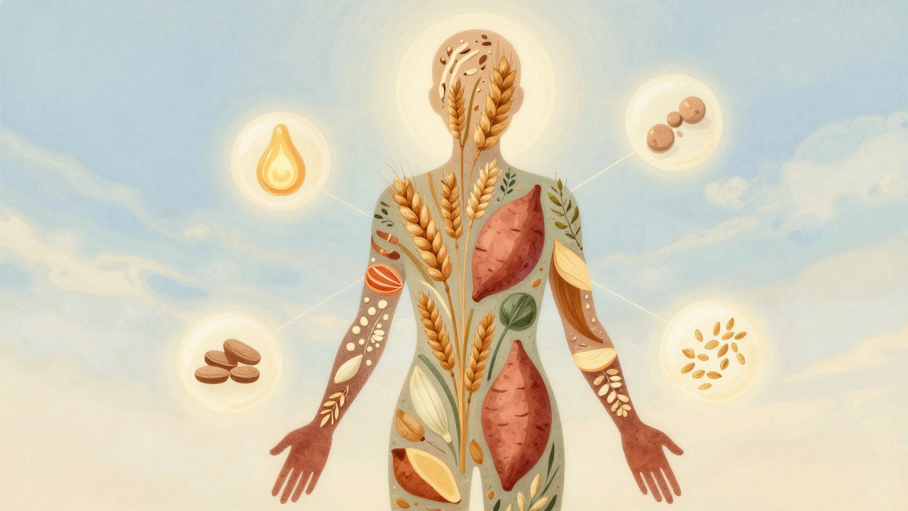Stylized illustration of human form filled with vegetable patterns.
