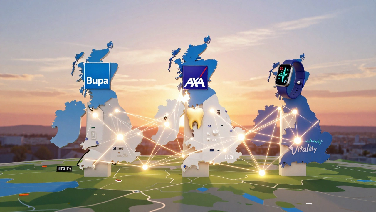 Three insurance providers represented as pillars with network connections across the UK.