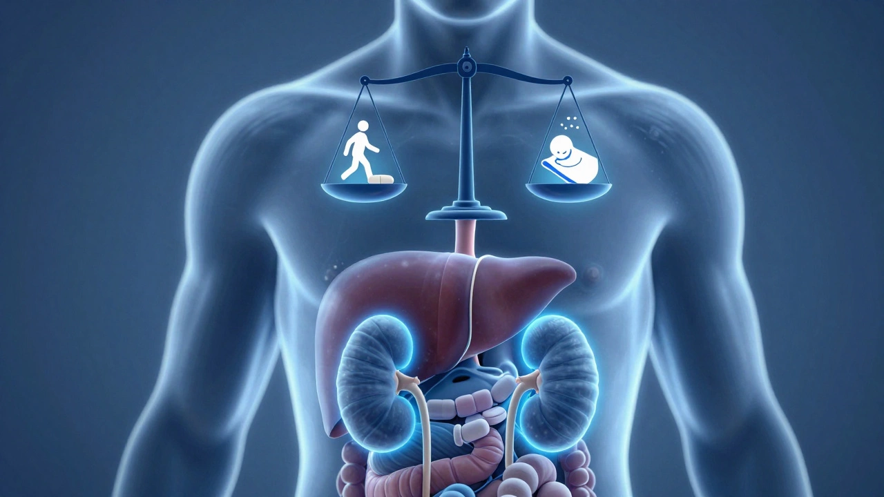 Transparent human body with healthy organs and a scale balancing one pill with lifestyle elements like walking and heat.