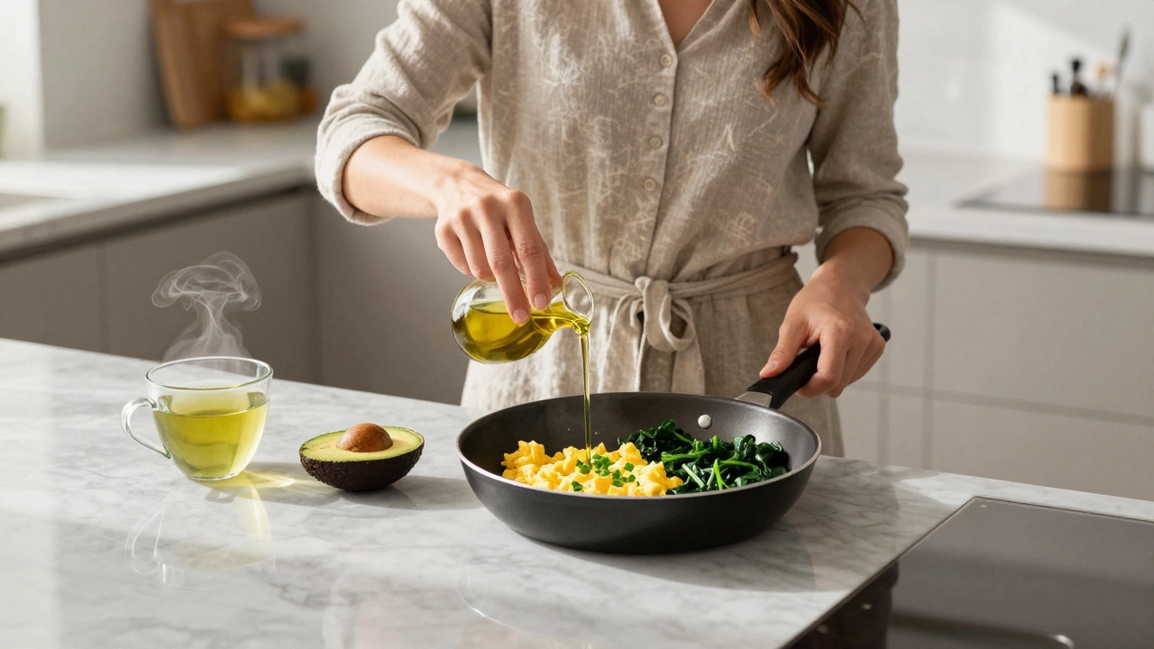 Woman making healthy breakfast with eggs, spinach, and avocado.