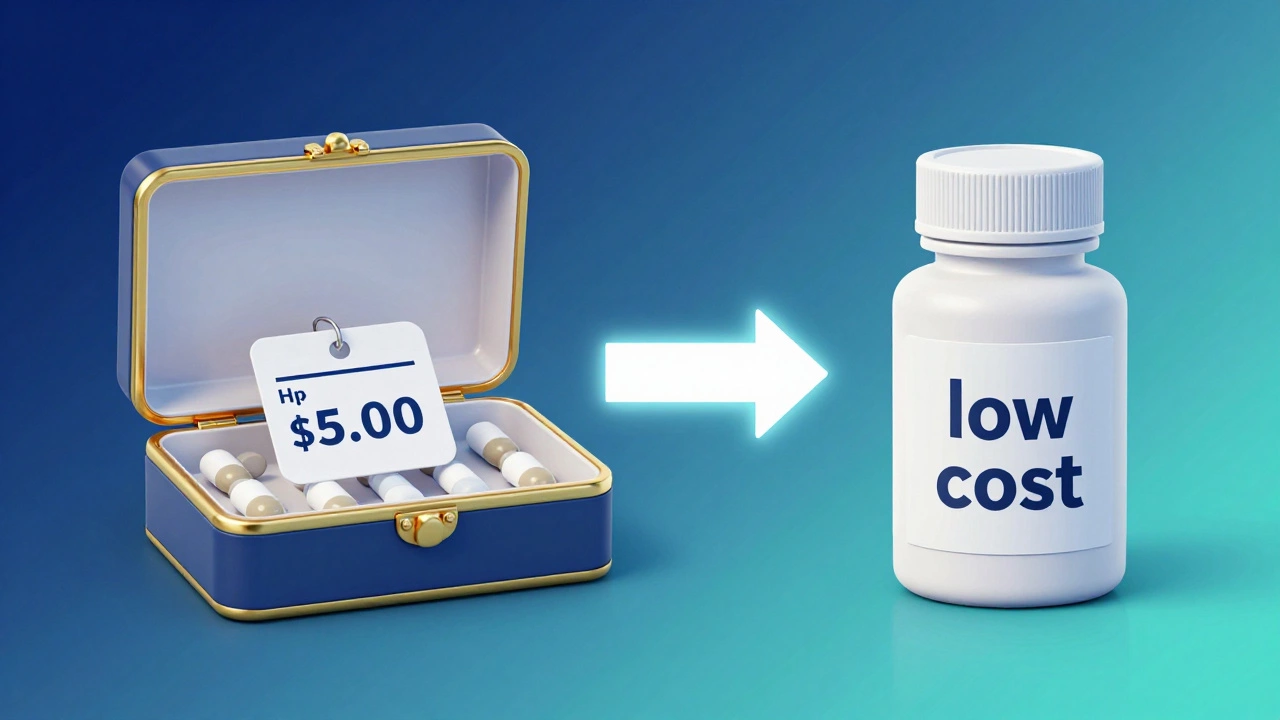 3D illustration comparing a high-cost brand drug to an affordable generic alternative.