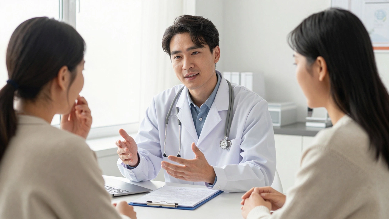 A doctor helping a patient find free medication resources in a community health clinic.