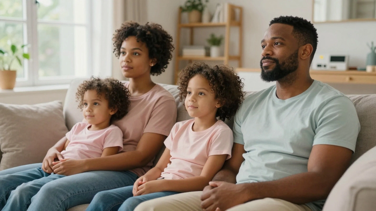 A happy family relaxing at home, representing the peace of mind provided by health insurance.
