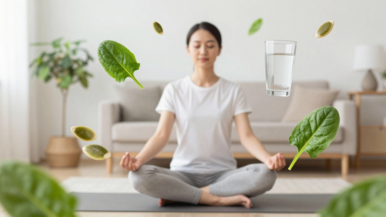 A person meditating in a bright room surrounded by healthy foods like spinach and pumpkin seeds.