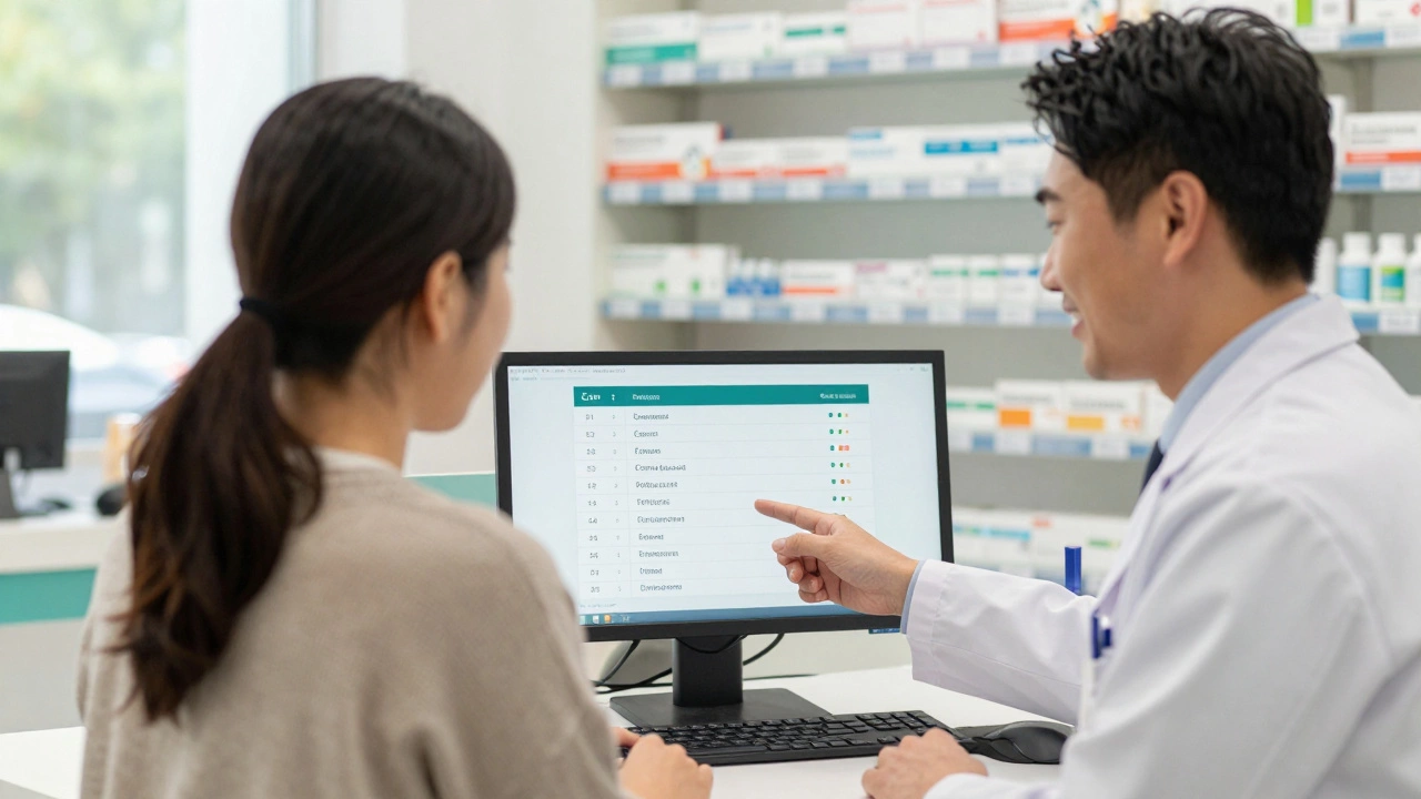 A pharmacist helping a customer find cheaper medication alternatives on a screen.