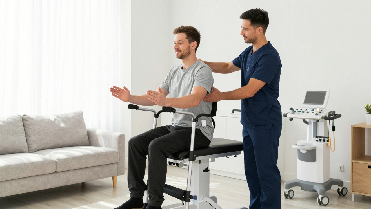 A physical therapist helping a patient recover in a bright, modern private clinic room.