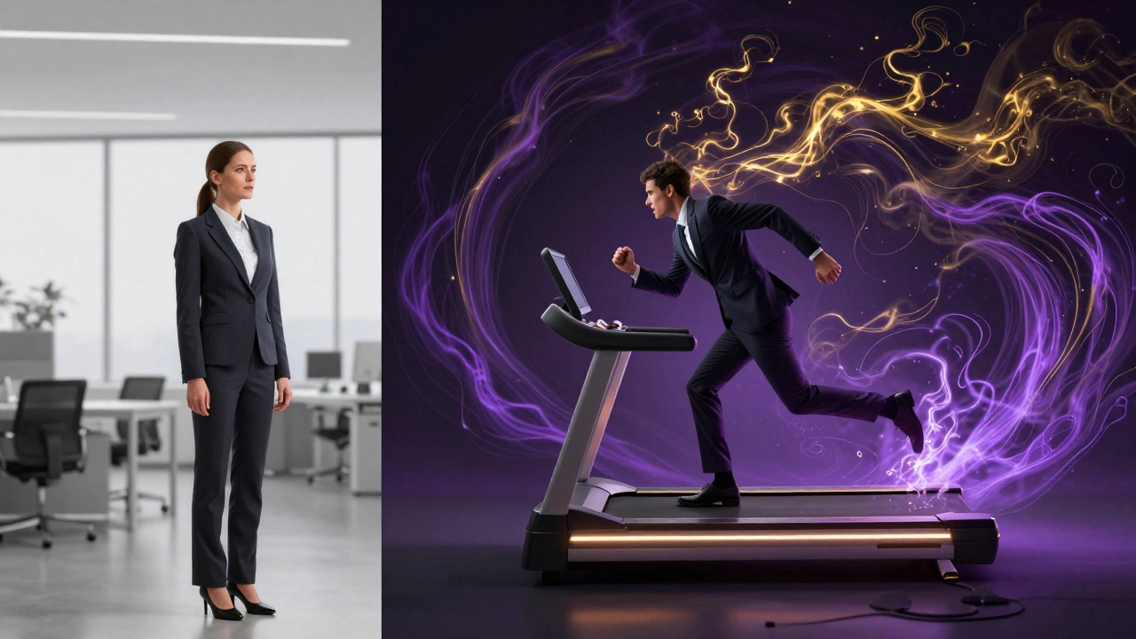 A split image showing a successful professional and their internal struggle with anxiety on a treadmill.